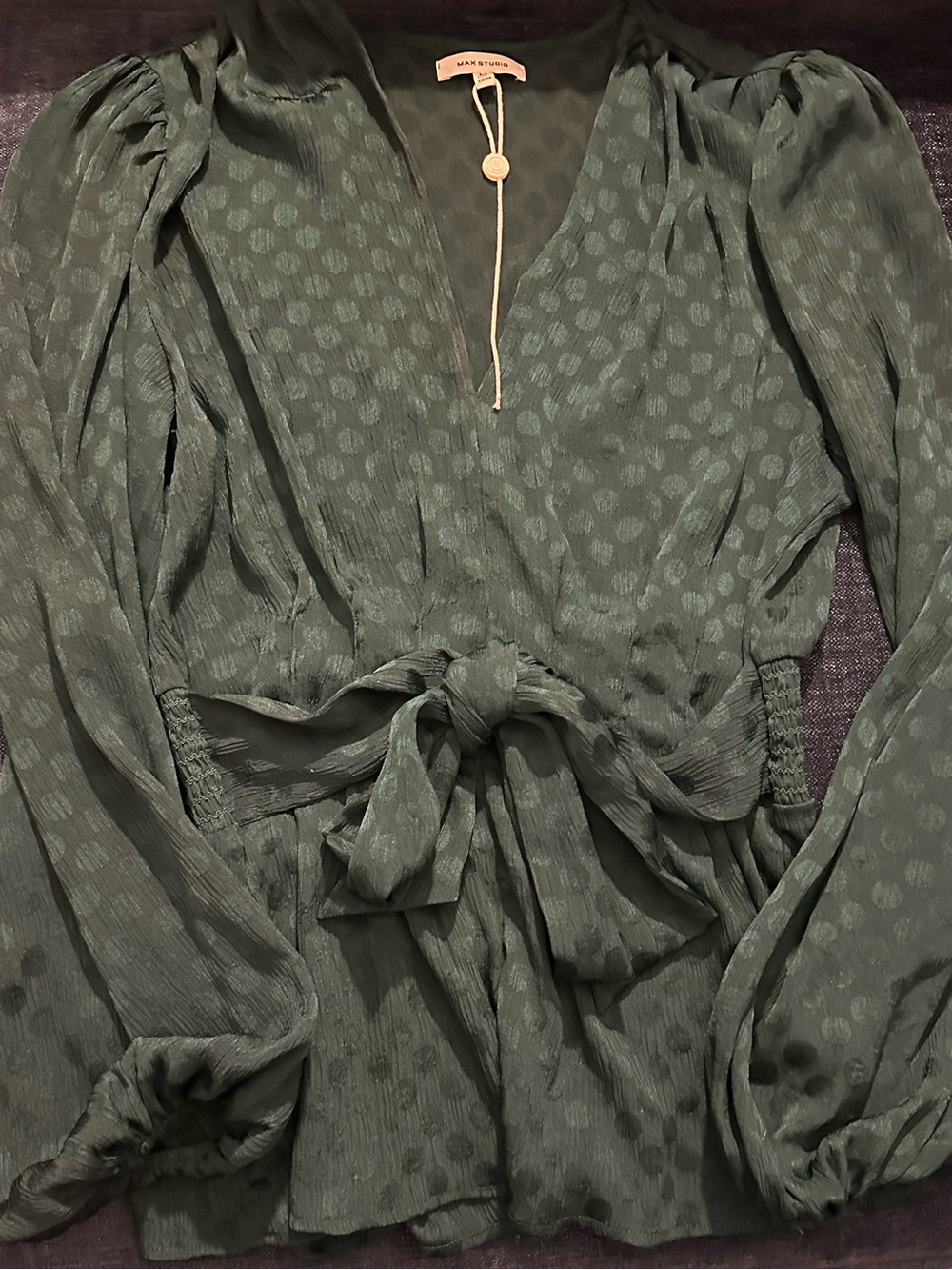 Max Studio Forest Green Tie-Front Long Sleeve Blouse